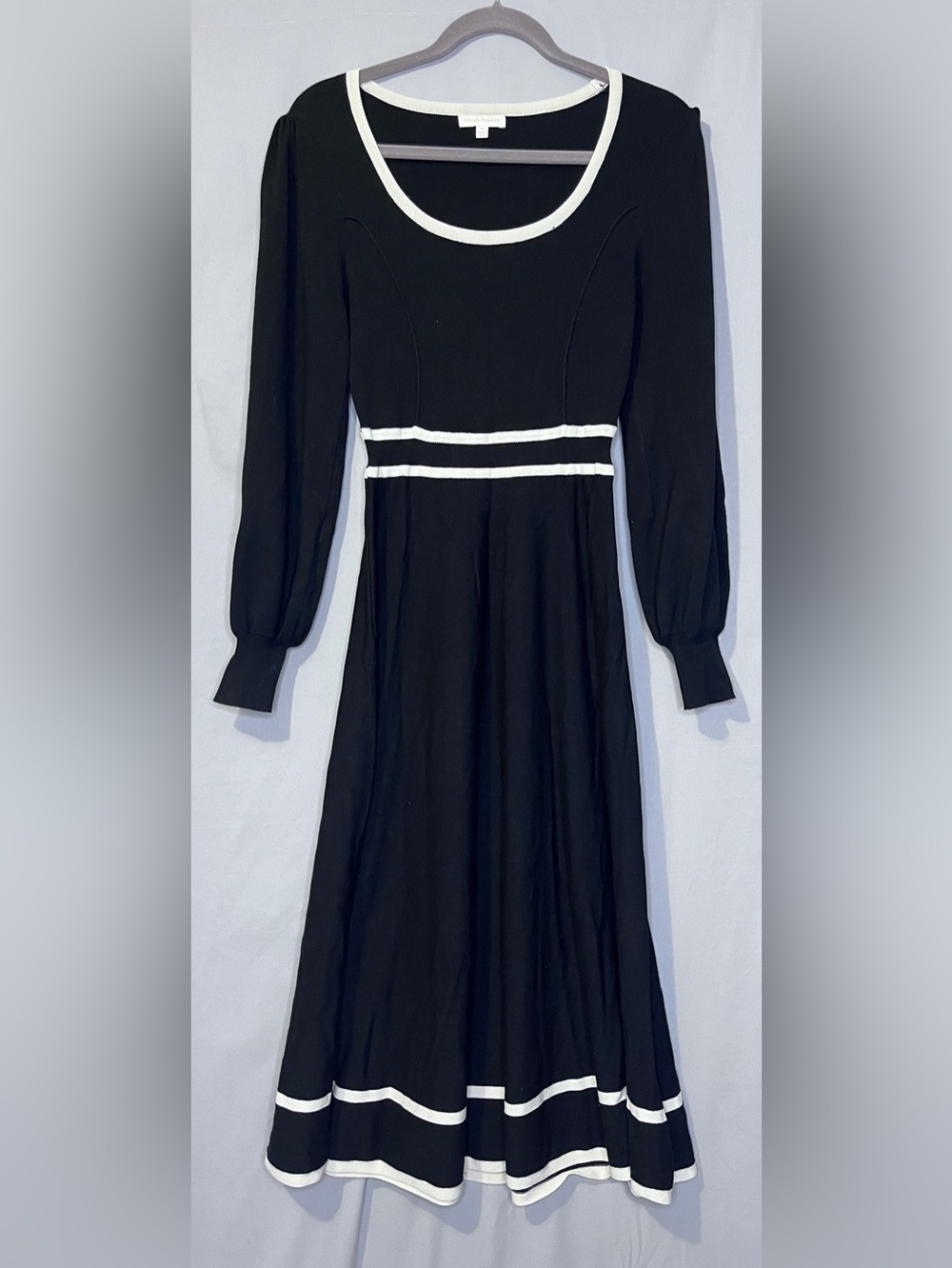 Flying Tomato Black Long-Sleeve Midi Dress with White Waist Stripes